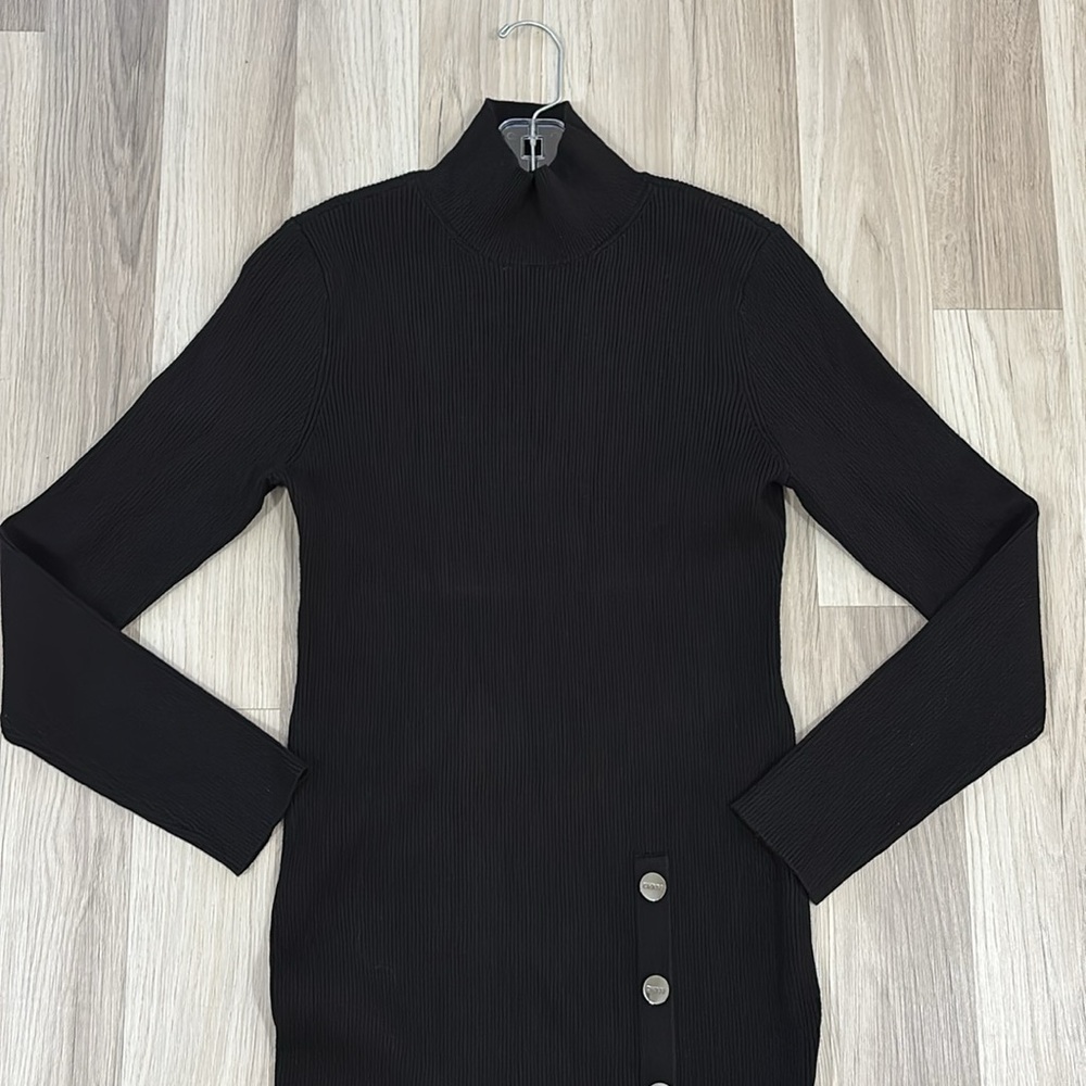 DKNY Black Knit Mock Neck Button Detail Long Sleeve Sweater Dress Size M - Picture 7 of 11